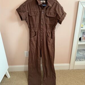FREE PEOPLE Brown Short Sleeve Jumpsuit with pink contrast stitching